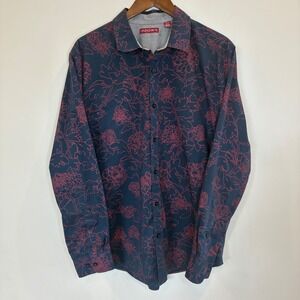 AXIST Mens Long Sleeve Button Down Shirt Navy Blue Red Floral Outline Print